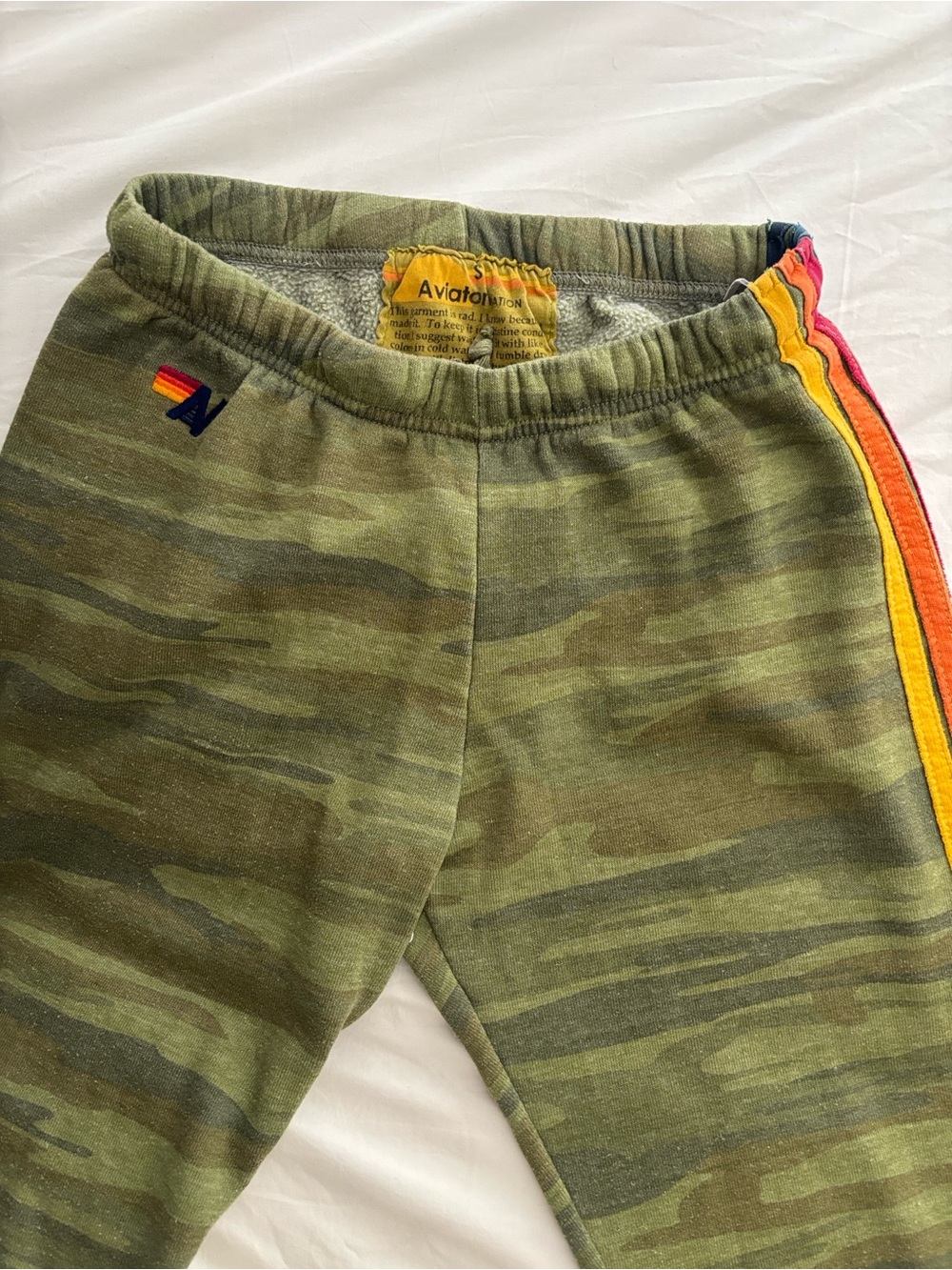 Aviator Nation Camo Track Pants with Classic Rainbow Side Stripe | Size Small - Picture 6 of 7